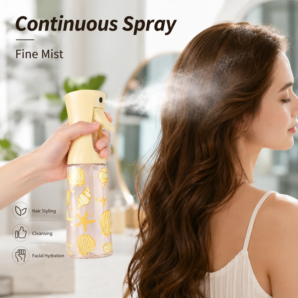 Seashell Continuous Mist Spray Bottle 200/300ML Refillable Water Sprayer for Hair Salon, Face, Plants & Cleaning