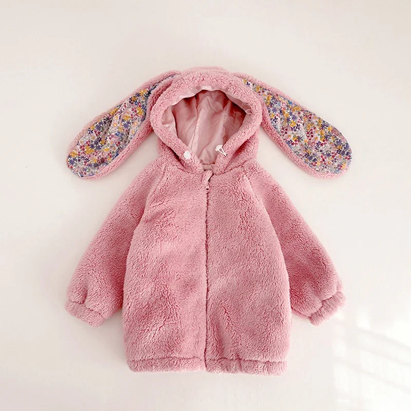 Fashion Fleece Kids Coat For 1-7Y Toddler Baby Warm Rabbit Hooded Coat Children Long Outwear  Autumn Winter Baby Girl Boy Jacket