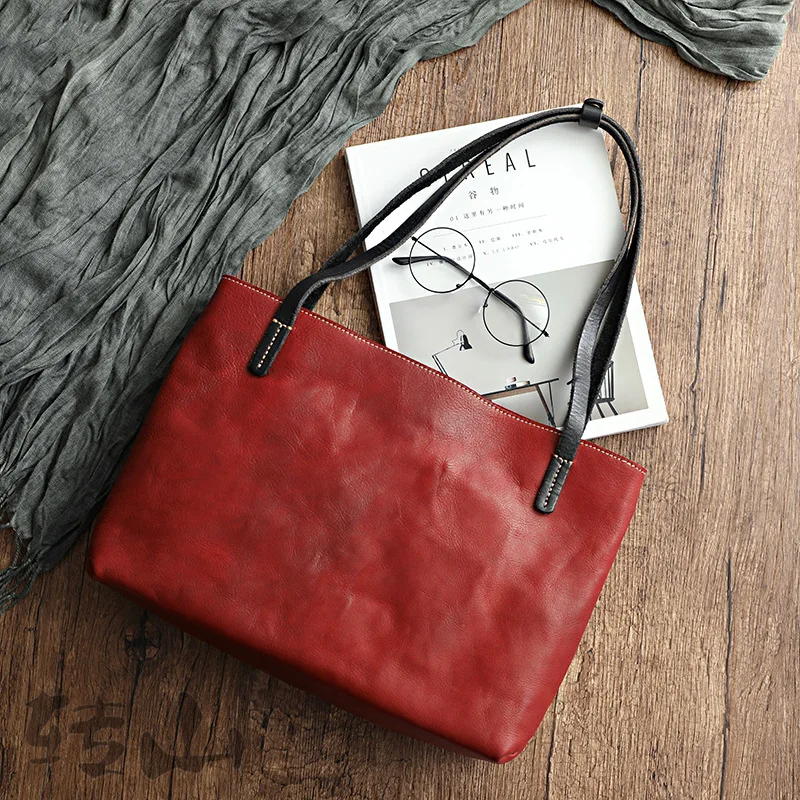

Vintage Tote Bag for Women Large Capapcity Genuine Leather Female Shoulder Bags Solid Color Simple Handbags Commuter Bag