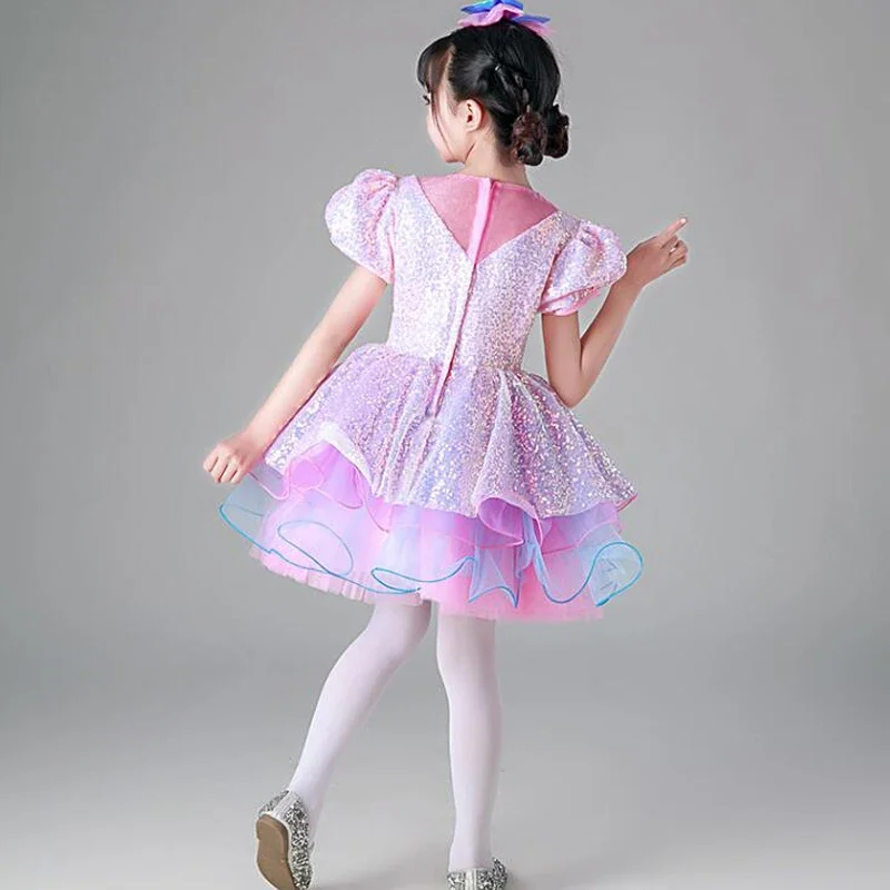 Kids Ballroom Clothing Sequined Dancing Clothes Purple TUTU Dress Girls Jazz Dance Costume Stage Wear Toddler Princess Dress