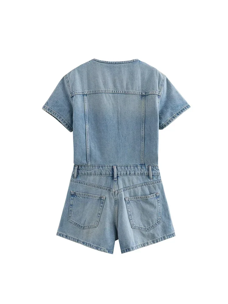 Willshela Damesmode Denim Blauw Single Breasted Speelpakjes Vintage V-hals Korte Mouwen Vrouwelijke Chique Dame Rompertjes