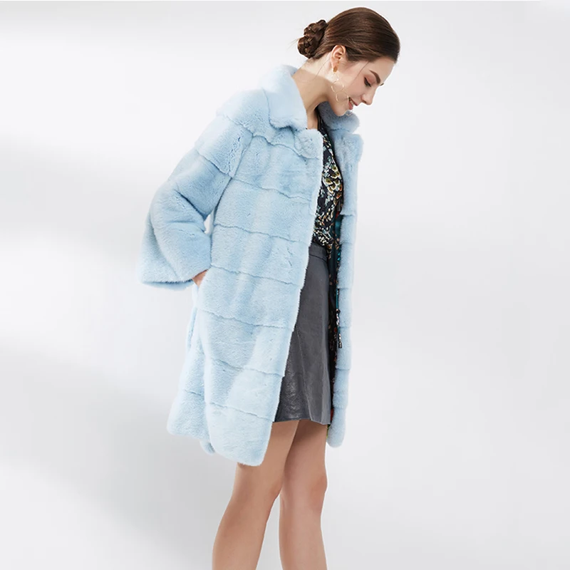 Ftangaiur hiver importation velours vison manteau de fourrure à manches longues ceintures femmes col rabattu couleur Pure moyen naturel manteaux de fourrure de vison