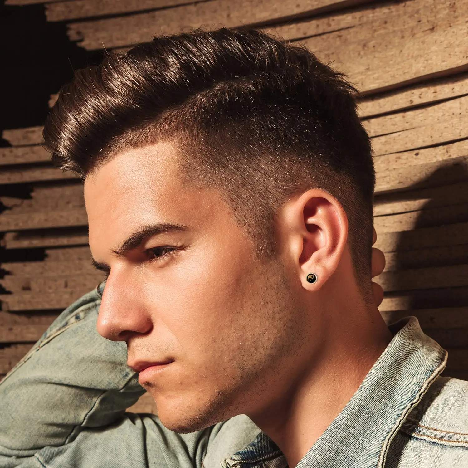 2-12PCS 16G Vintage Wood Stainless Steel Yin Yang Pierced Fake Gauges Tunnel Round Screw Stud Earrings Set For Men Women