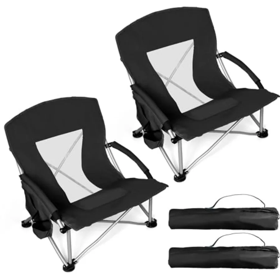 

Large Beach Camping Chair 2 Pack,Heavy Duty Black Steel Frame Outdoor Folding Chairs for Adults, Mid-Height Portable Design wit