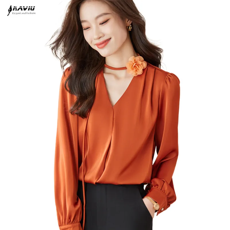 NAVIU Orange Shirt Women New Autumn Fashion Temperament V Neck Chiffon Blouses Office Lady Work Tops White