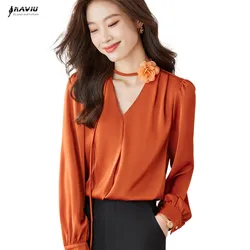 NAVIU Orange Shirt Women New Autumn Fashion Temperament V Neck Chiffon Blouses Office Lady Work Tops White