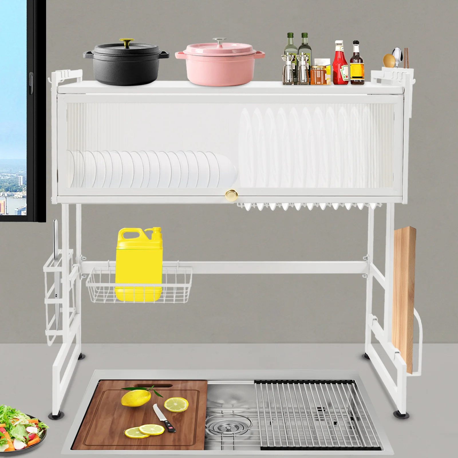 

Сушилка для кухонной посуды из углеродистой стали, многофункциональная полка, сушилка для посуды для раковины с полупрозрачным окном, используемая на кухонной раковине