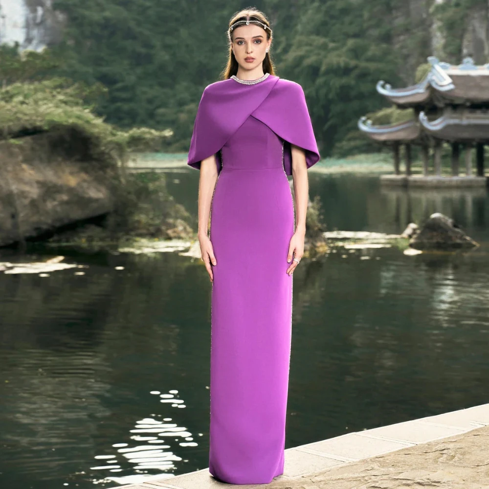 Saudi Arab Purple Prom Dress Round Neck Beading Rhinestones Straight Back Middle Slit Formal Evening Dresses Lady Party Gown