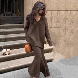 Autumn Winter New Knitted 2-piece Skirt Set Women V-neck Pullover Sweater Fishtail Midi Skirt Casual Korean Fashion Outfits