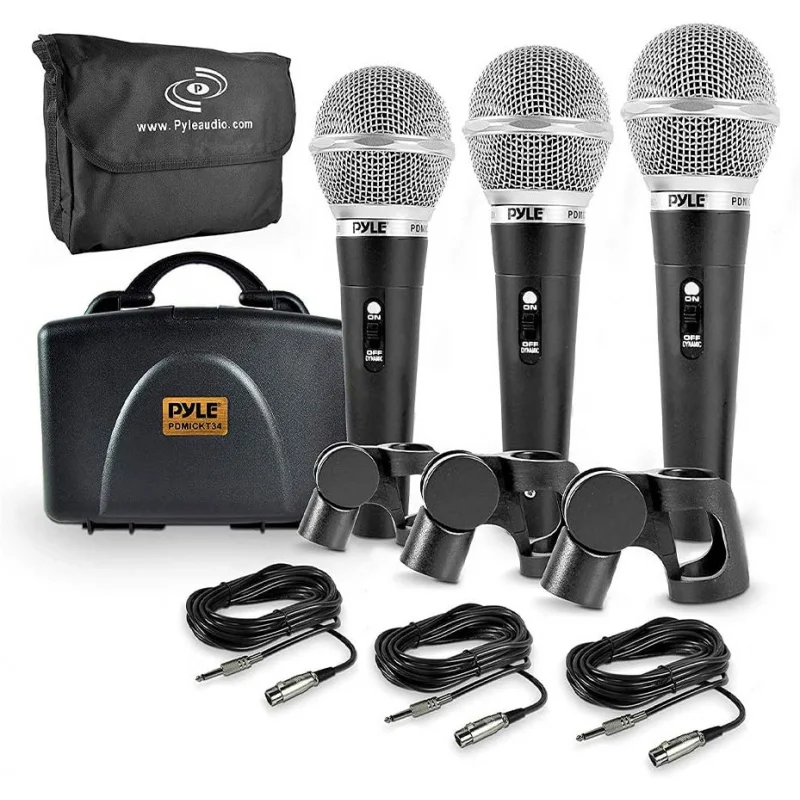 3 Piece Professional Dynamic Microphone Kit Cardioid Unidirectional Vocal Handheld MIC with Hard Carry & Bag, Holder/Clip &