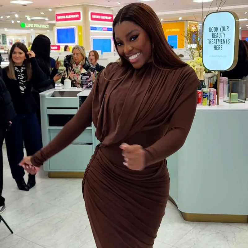 

STYLISH LADY Elegant Brown Draped Maxi Dress 2026 Summer Women High Neck Long Sleeve Ruched Evening Gown Dresses