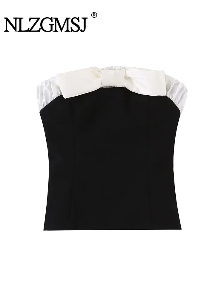 

NLZGMSJ 2025 Women Fashion Solid Color Bow Decoration Backless Sleeveless Short Top Women New Sexy Halter Top Y2K