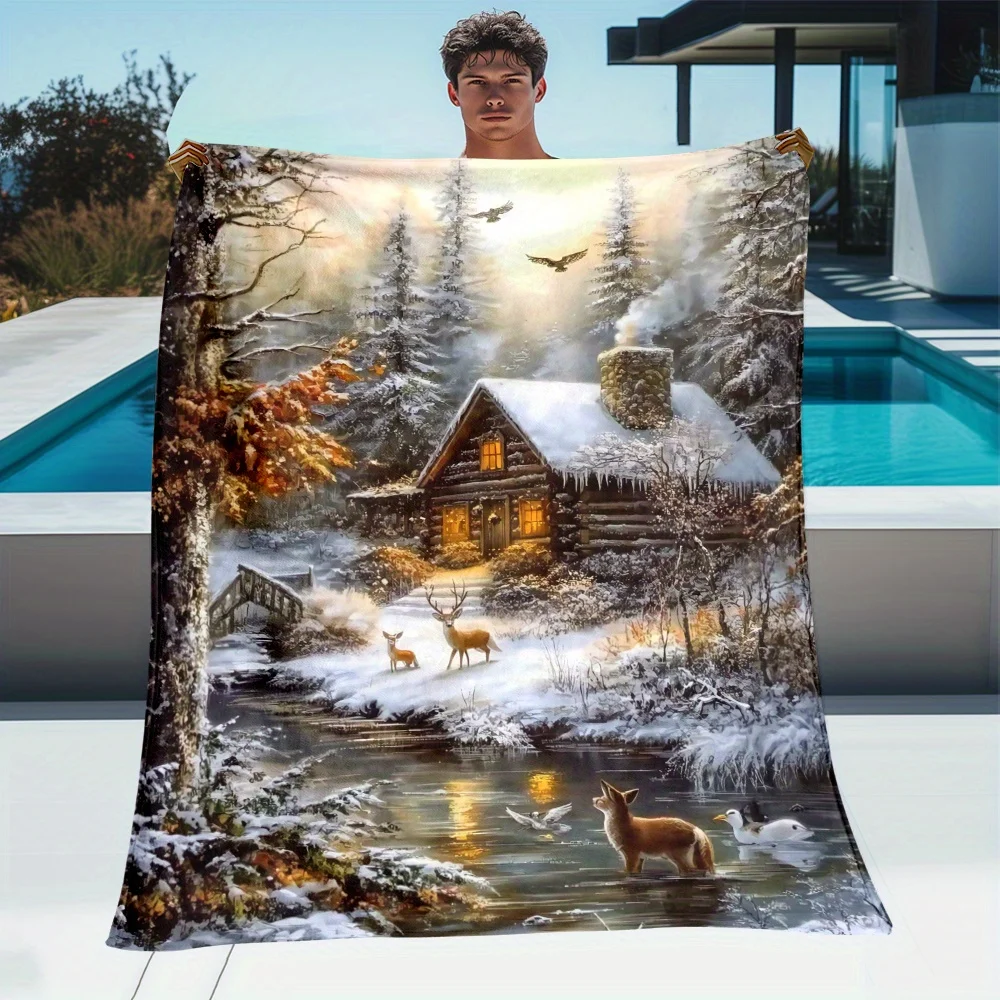 Rustic Winter Landscape Throw Blanket Snowy Log Cabin Deer Fox Forest River Wildlife Nature Art Graphic Design Blanket  Bedroom