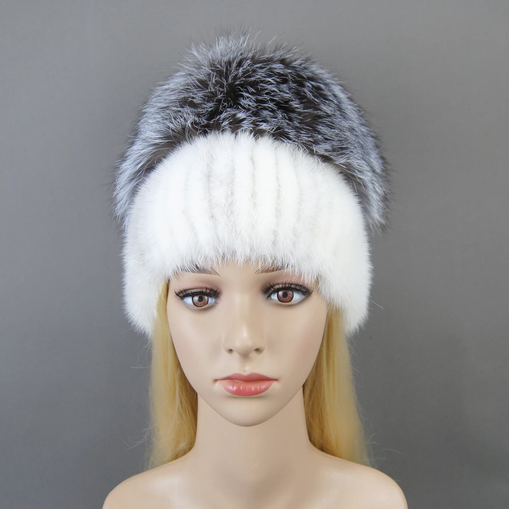 Real Silver Fox Fur Hat Female Natural Mink Fur Winter Hats For Women Beanies Knitted Luxury Women's Real Mink Fur Beanies Hats