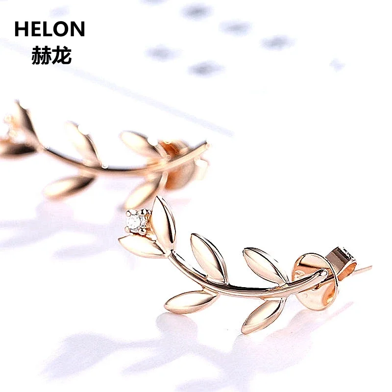 Elegant Solid 14k Rose Gold Natural Diamonds Stud Earrings Leaf Women Earrings White Yellow Gold Optional