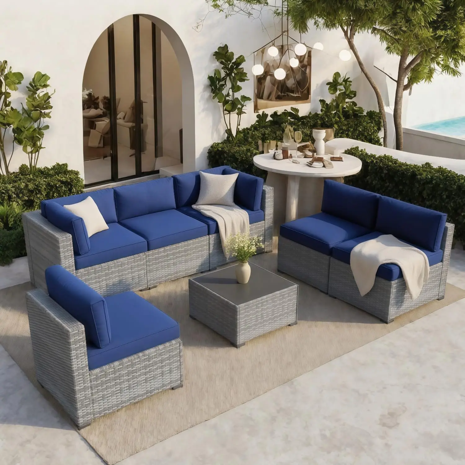 

Outdoor Patio Furniture 7-Piece Set, Grey Rattan 6-Seater Conversation Set With Navy Blue Cushions, Includes Coffee, Customized