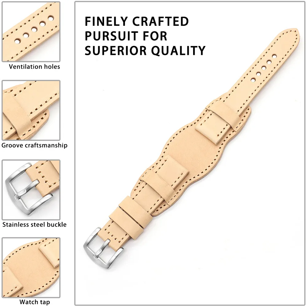 20MM 22MM Vegetable Tanned Leather Primary Color Three Section Watch strap Top Layer Tree Cream Leather Watch Holder Dial Strap