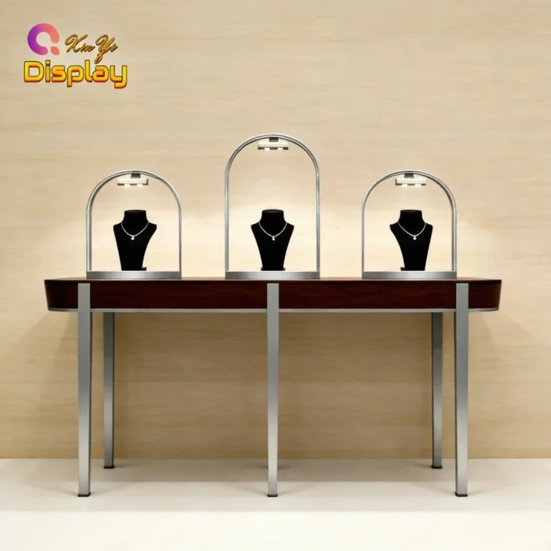 custom.Custom Luxury LED Lighting Heavy Duty Stainless Steel Jewelry Display Cabinet Tempered Glass Showcase Retail an