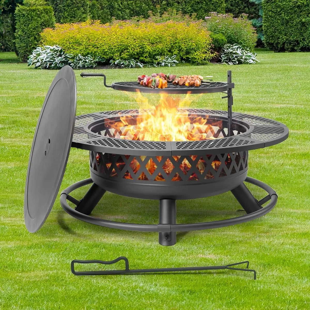 42 Inch Outdoor Fire Pit with Grill, Metal Round Fire Pits,3 in 1 Wood Burning Fire Pits & Outdoor Fireplaces