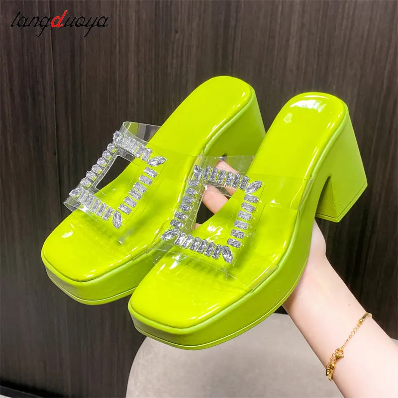 Platform Wedges slippers Women 2024 new rhinestone slippers Sexy square toe High heeled sandals Femme Crystal party Pumps 36-42