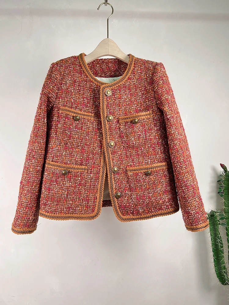 Kırmızı Küçük Koku Tarzı Dokuma Tüvit Ceket Kaban kadın Kış Giyim Yeni Fransız Zarif High-End Aşağı Yün Dış Giyim