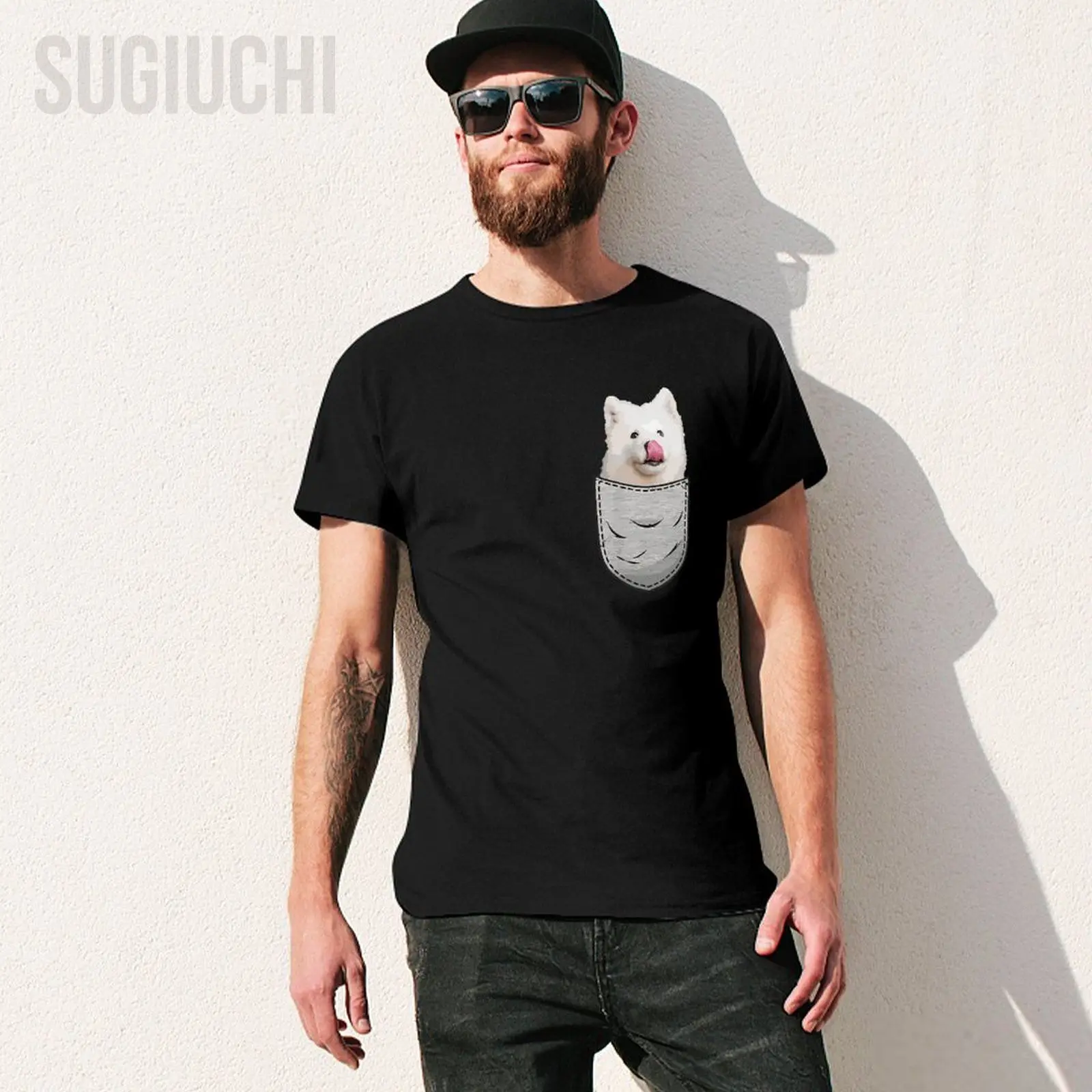 Unisex Men Samoyed Chest Pocket for Dog Owner Tshirt Tees T Shirts Women Boys 100% Cotton T-Shirt
