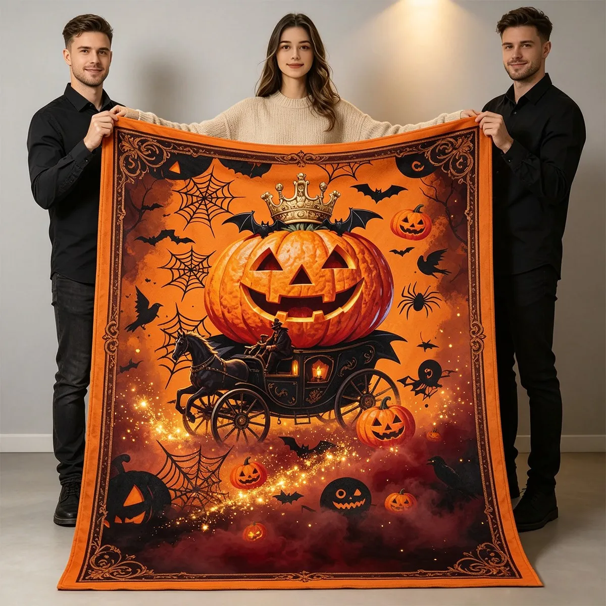Halloween Pumpkin Planet Astronaut UFO Purple Space Flannel Throw Blanket, Spooky Galaxy Holiday Blanket for Bedroom