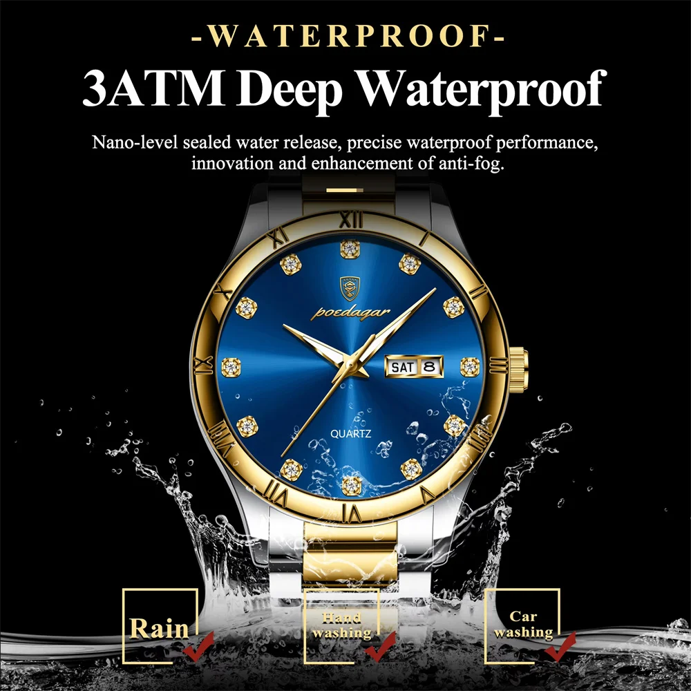 POEDAGAR Топ Роскошные Кварцевые Часы Для Мужчин Дата Неделя Водонепроницаемые Светящиеся Мужские Наручные Часы Мужские Часы Из Нержавеющей Стали Спортивные Reloj