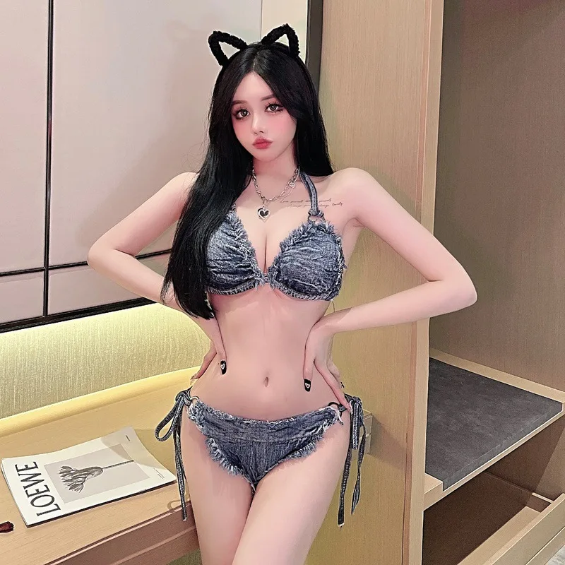 

2023 Nightclub Bar Sexy Dance Leader Performance Bikini Swimsuit Denim Wrapped Chest Bikini Denim Set