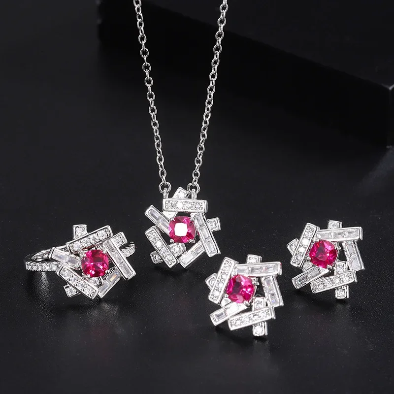 

2024 Summer New Charms Necklace Ring Earrings Ruby Stone for Women Luxurious Vintage Party Wedding Fine Jewelry Birthday Gifts