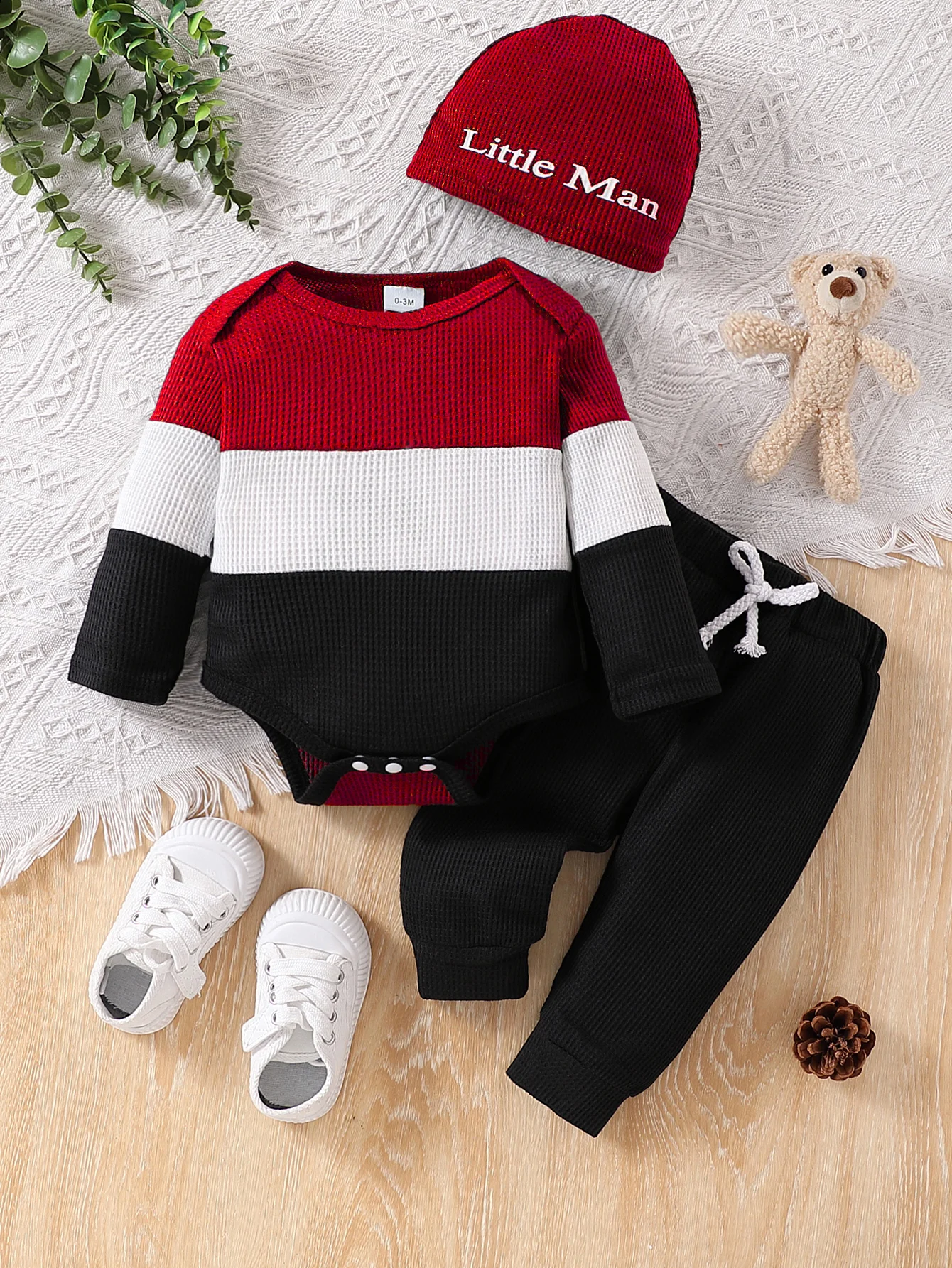 秋冬キッズフード付き2点セット：赤白黒ストライプ（明るく、見栄えの良い）、「ラブベイビー」防風フード、長袖/パンツ