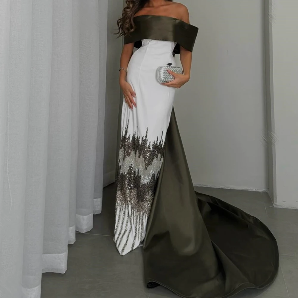 Graceful Sequined Off the Shoulder Satin Evening Dresses Fashion Straight Floor Length Boat Neck Half Sleeves Celebrity Gowns