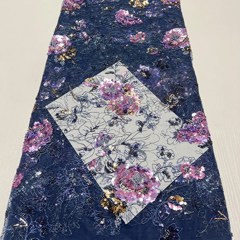 نسيج شبكي على الموضة الفرنسية، تطريز أنبوبي مطرز أفريقي، أظافر ثقيلة منقوشة، فستان قماش مطرز بالترتر والترتر