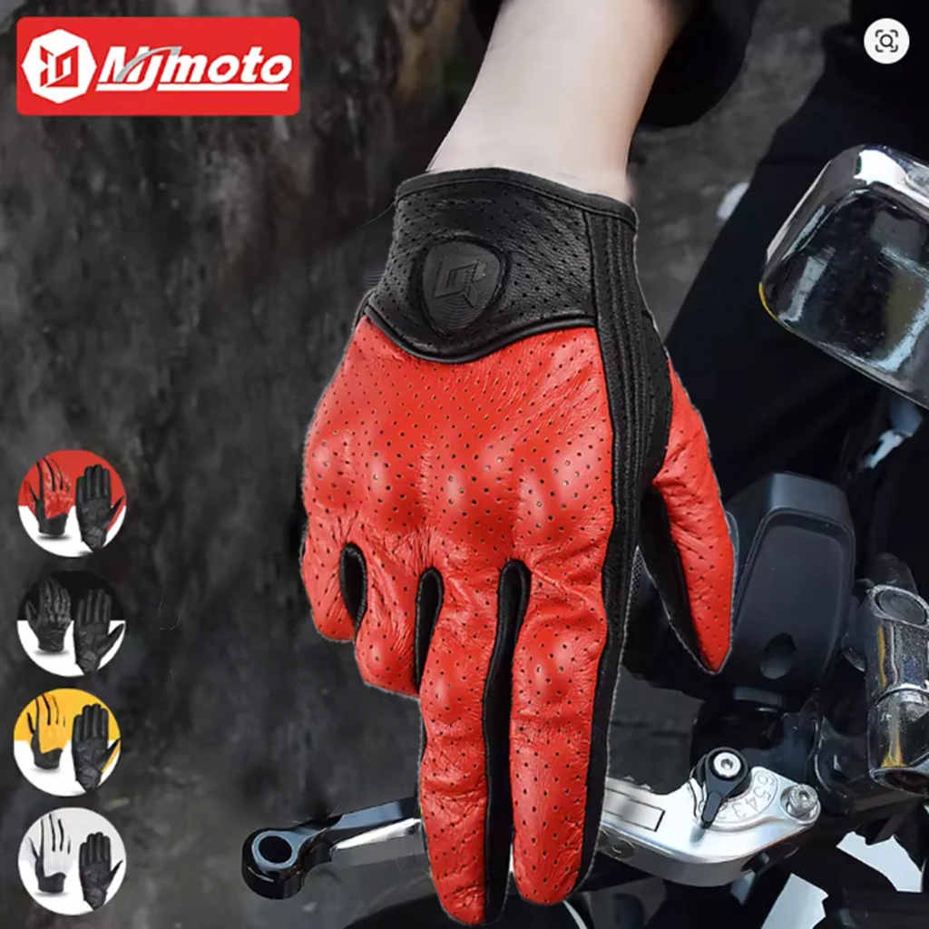 

Summer Classic Retro Goat Leather Motorcycle Gloves Full Finger Protective Moto Cycling Men Women Sheepskin Glove Black Red