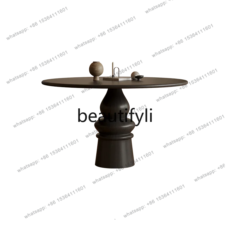 Medieval solid wood round dining table household small apartment French retro dining table black small round table
