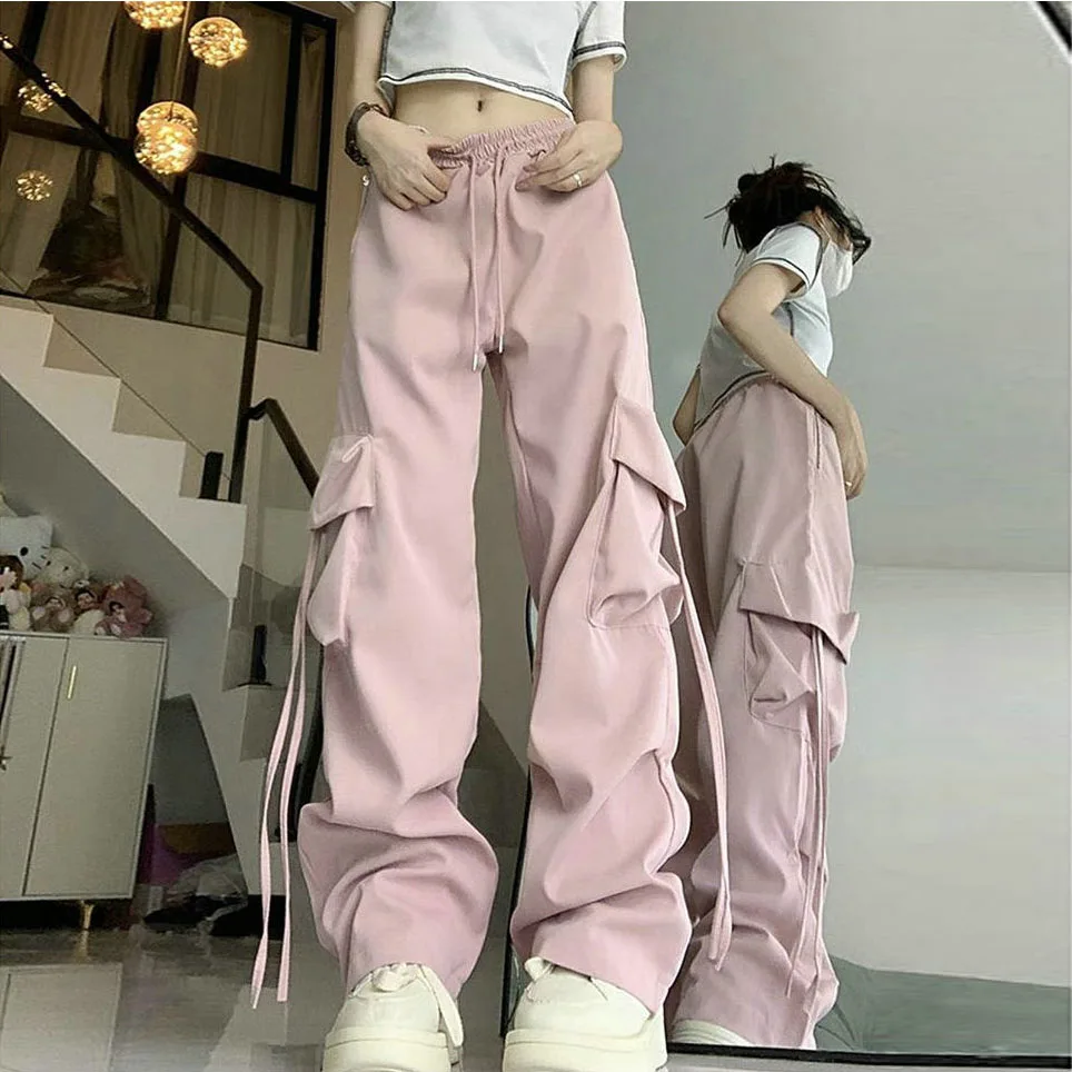 

Streetwear Spring Summer Cargo Pants For Women Elastic Waist Big Pocket Oversize Women's Pants Fashion Loose Straight Trousers