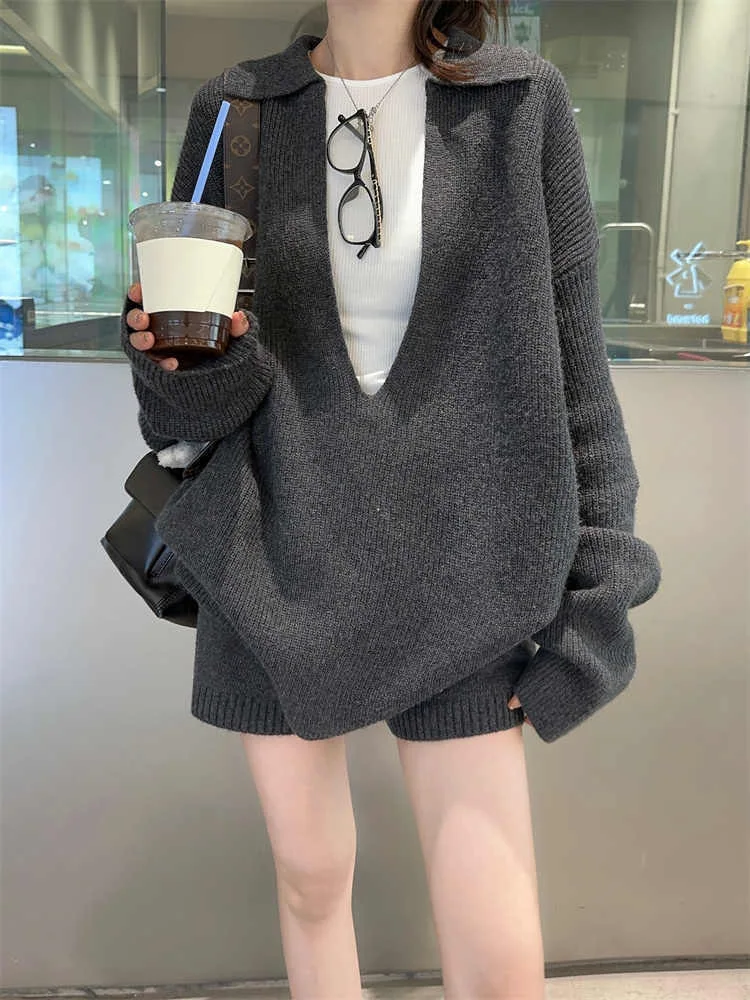 Ladies lounge sets Loose fit knit long sleeve knitted V neck pullover shorts 2 piece set rib knit sweater pants set for women