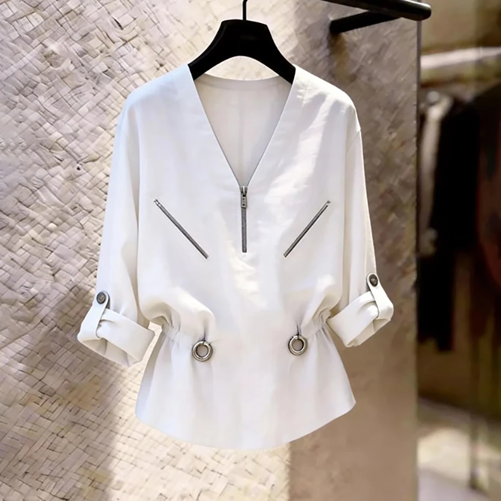 Women V-Neck Drawstring Waist Shirts Korean Style White Half Zip Pullover Shirt Tops Casual Roll Up Sleeve Blouse Daily Wear
