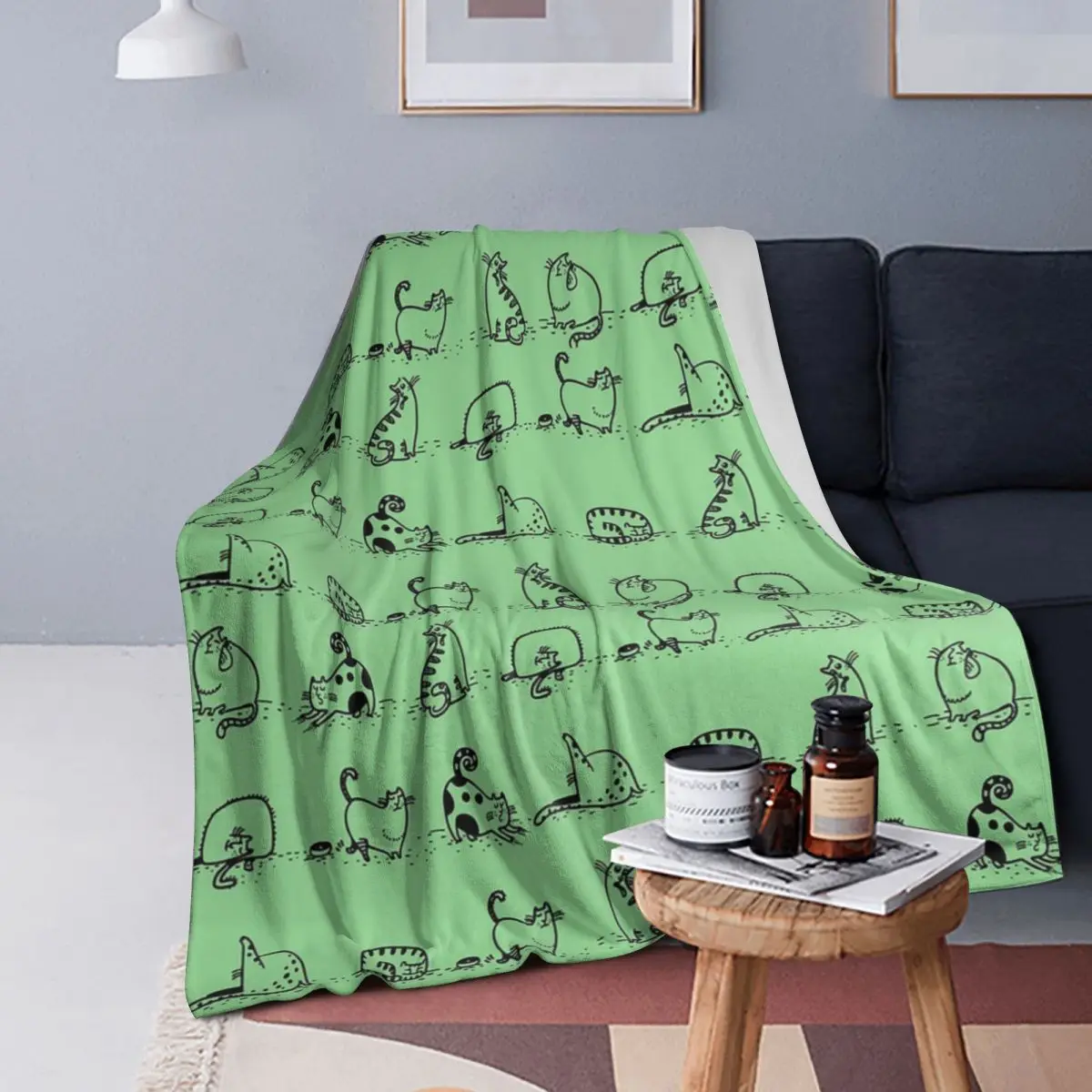 Cats Yoga Class On Pale Green Cat Yoga Blanket Soft Warm Flannel Throw Blanket Plush for Bed Living room Picnic Travel Home Sofa
