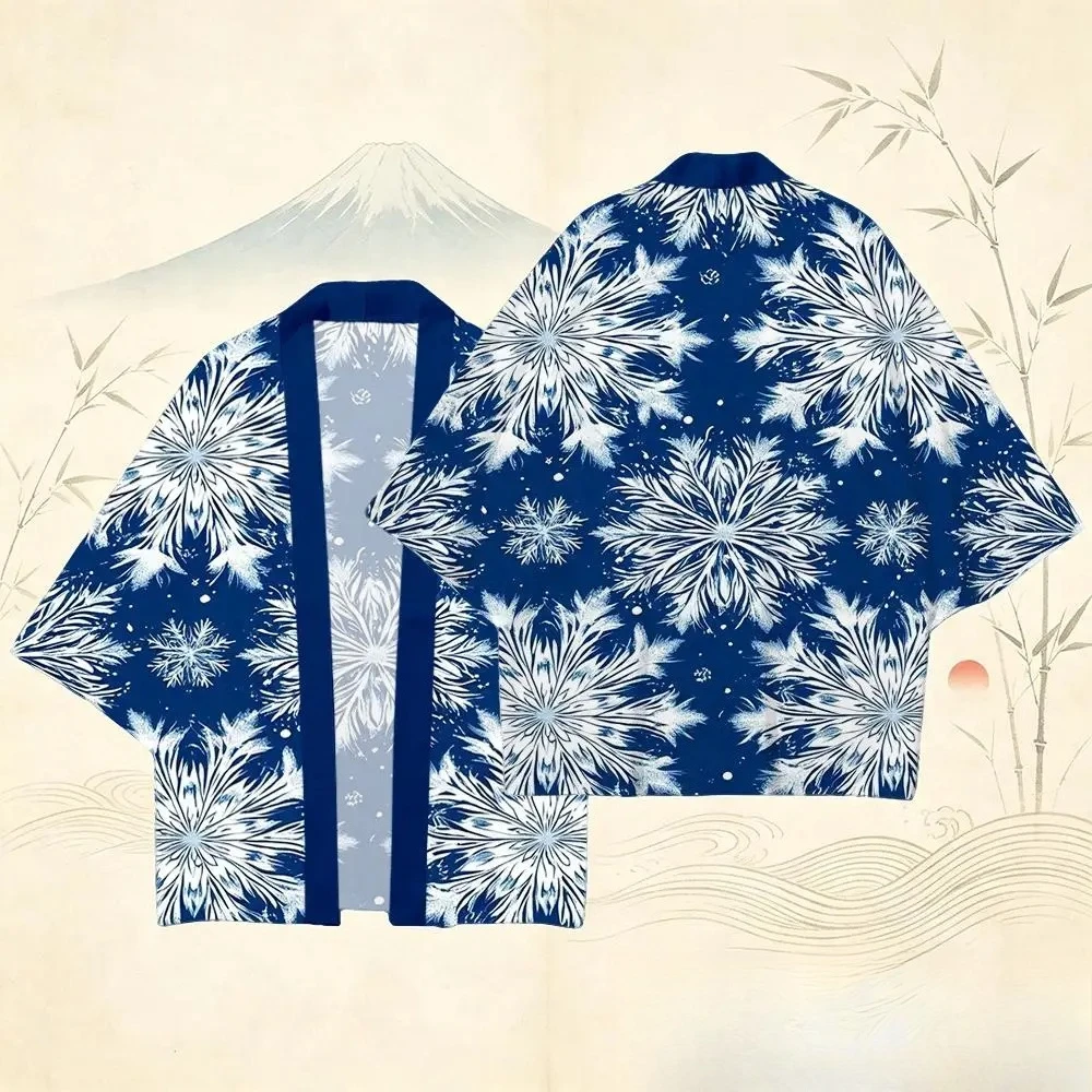Japanese Traditional Style Snowflake Floral Print Kimono Casual Vacation Beach Cardigan Yukata Unisex Harajuku Street Clothing