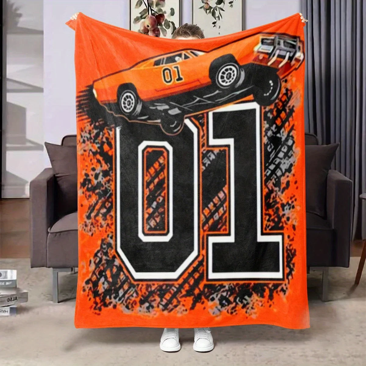 Giant Orange Racing Theme Sports Blanket Throw for Couch Bed Winter Fleece Luxury Decorative Plush Cover 150x230cm