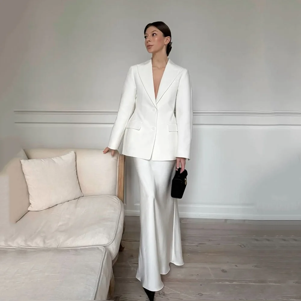 

Luxury White 2 Pieces Set For Women Smart Casual Female Suit Jacket+Satin Skirt Lady Chic Outfits Trajes De Mujer Elegante