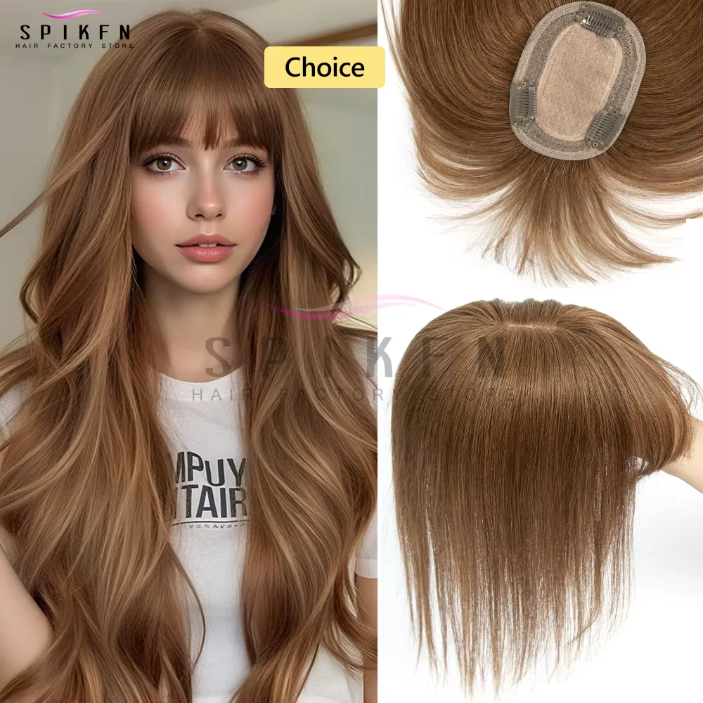 SPIKFN Natural Straight Clip in Hair Pieces Real Human Hair Topper 8x12cm Breathable Hair Base Hair Loss or Bangs Hairstyle
