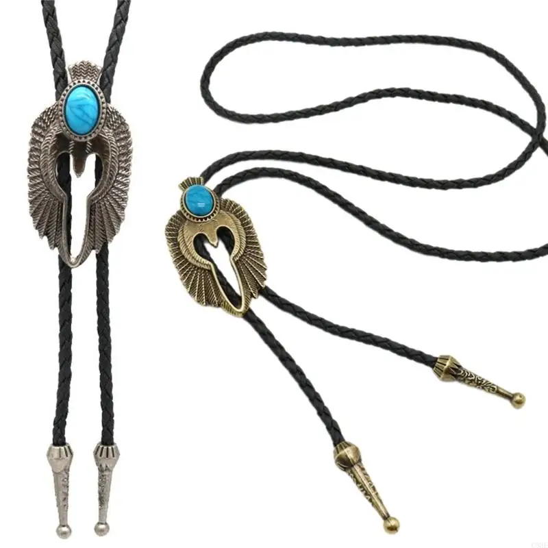 C9GE Vintage Bolo Tie Western Cowboy Faux Leather Rope Inlaid Stone Necktie