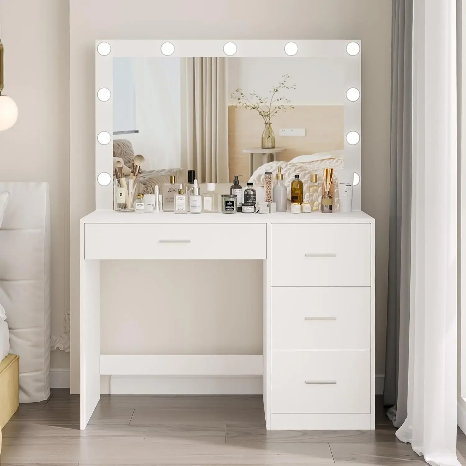 

Makeup Vanity Table, Makeup Table with Large Mirror and 11 LED Lights, Brightness Adjustable, Dressing Table Desk with 4