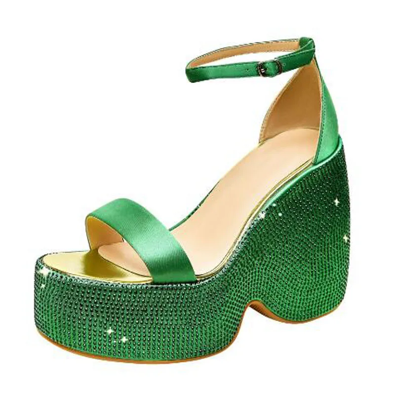 

New Green Gold Silk Hot Drill One Line Ankle Buckle Strap Wedges Summer Sandals Women Cover Heel Chunky Heels Leisure Shoes Lady