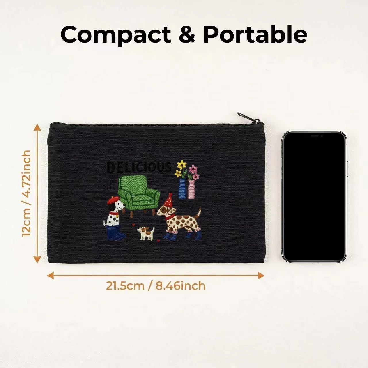1PC Faux Embroidery Two Party Puppies Sofa Flower Delicious Text Canvas Cosmetic Bag Double Sided Portable Zipper Pouch