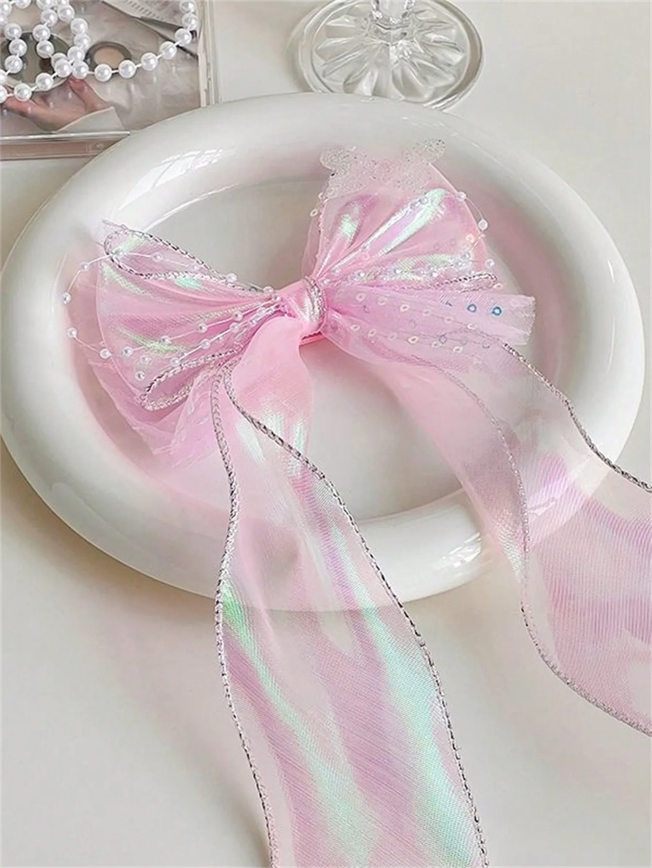 1 women\'s new ribbon bow hair clip Pearl mesh bow Long ribbon hair clip hair accessories