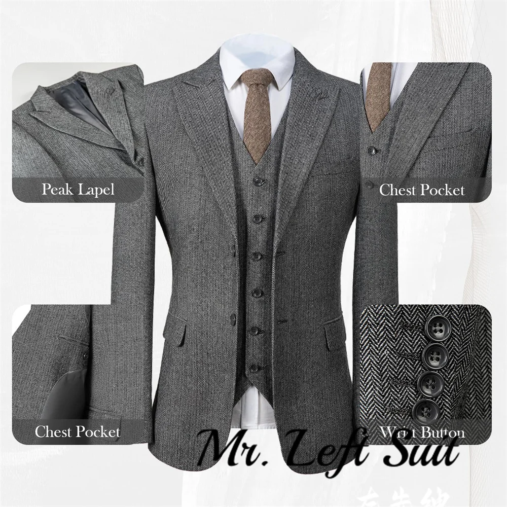 2024 Mens Tweed Herringbone Wedding Suit Prom Tuxedos 3 Piece Peak Lapel Tweed for autumn Slim Fit (Blazer+vest+Pants)