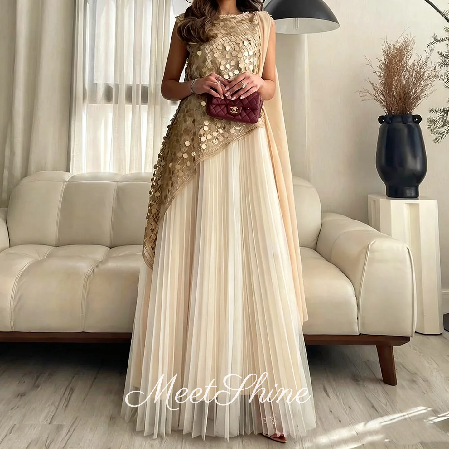 

Dubai Champagne O-Neck Sleeveless A-Line Evening Dresses Elegant Tulle Sleeveless Sweep Train Party Gown Prom Dresses Customized